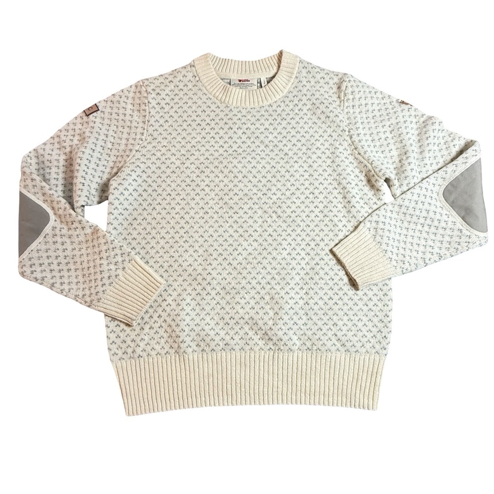 Fjallraven Ovik Nordic Sweater Women Small Chalk White Wool Pullover Elbow Patch